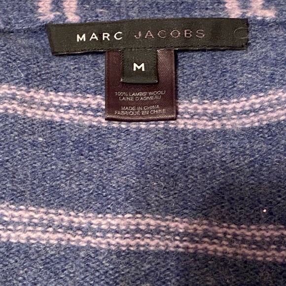 Marc Jacobs Ruffled Cardigan Navy & Pink Striped Sweater 100% Lambs Wool Sz M - Picture 5 of 10